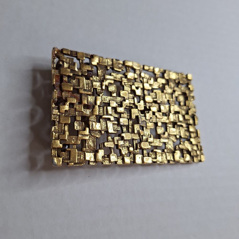 VTG 70s Brutalist Belt Buckle Gold Tone Textured Geometric Openwork MCM 3"x2.5"